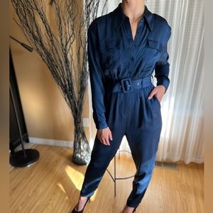 Express Satin Navy Blue Belted Jumpsuit